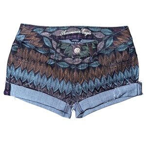 Y2K American Eagle Micro Mini Low Rise Jean Shorts 00 Multicolor Leaf Boho 2000s